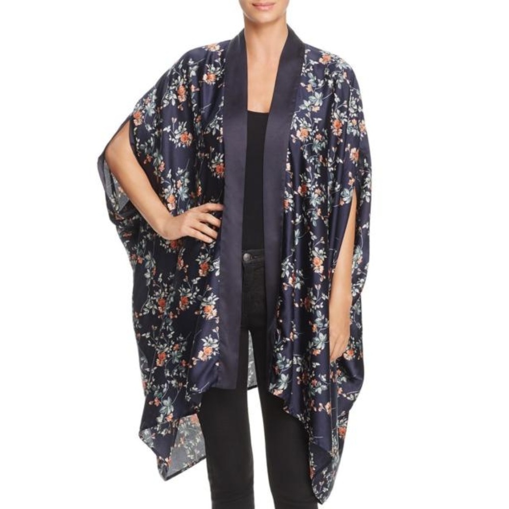 Re: named NWT Navy Floral Print Open Front Satin Trim Kimono, One Size